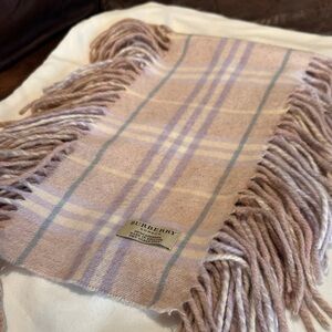 Burberry blush, lavender, ivory, denim 100% cashmere scarf with fringe sides